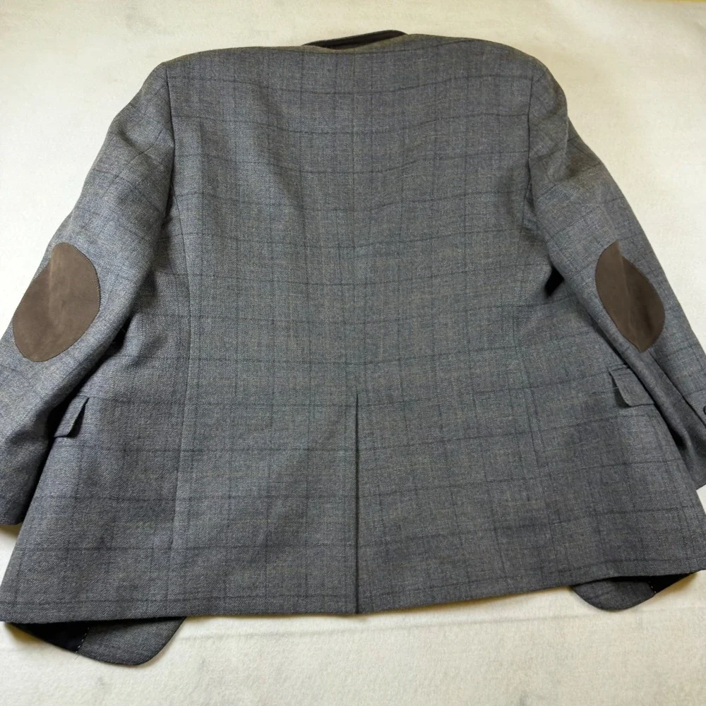 Tommy Hilfiger Mens 44S Grey Wool Plaid Blazer Sport Coat Elbow Patches 44 Short
